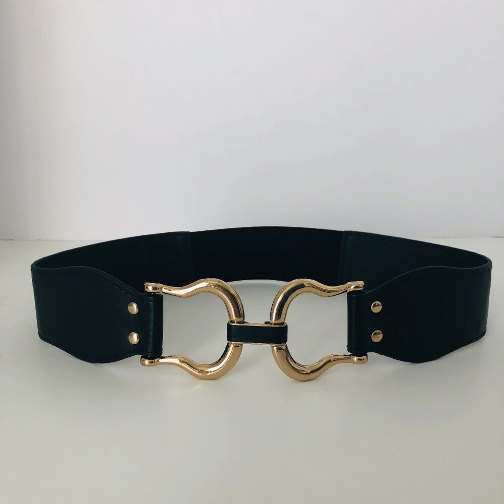 Black equestrian-inspired style faux leather wide stretch belt – small